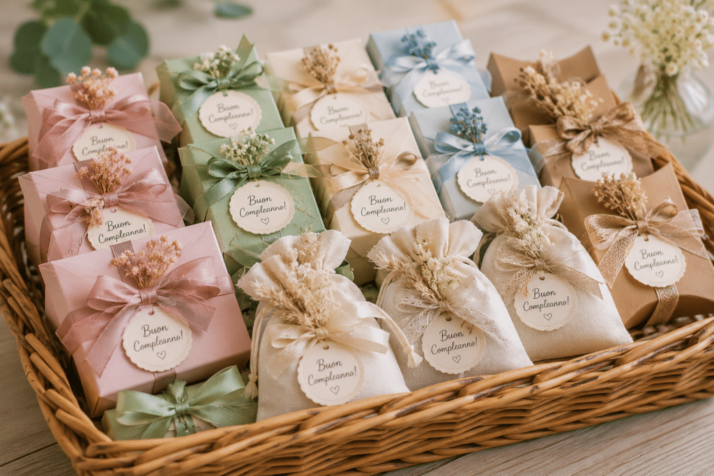 Pastel gift boxes with ribbons and “Buon Compleanno!” tags arranged in a wicker basket for a birthday celebration (Italian for Happy Birthday).