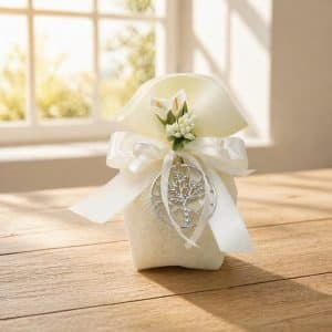 Beige fabric wedding favor pouch tied with a white satin ribbon, small white flowers, and a silver tree charm on a wooden table.