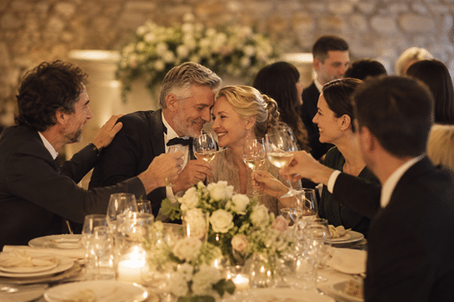 Guests toasting with wine glasses around a floral centerpiece at a formal dinner event.