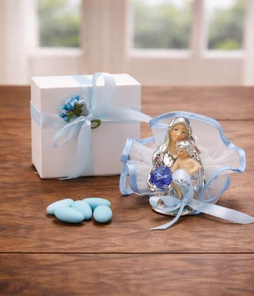 bomboniera battesimo bambino con madonna con bambino