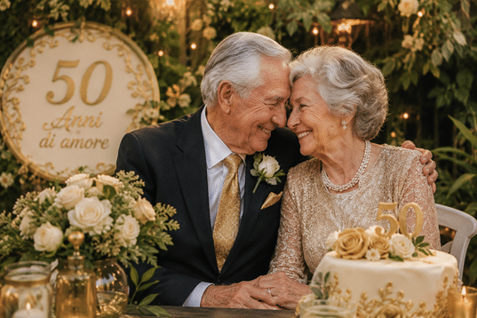 Elderly man and woman at their 50th anniversary party, smiling and leaning together beside a gold-toned cake and floral centerpiece.