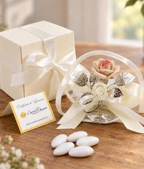 Bomboniera matrimonio con rosa in capodimonte