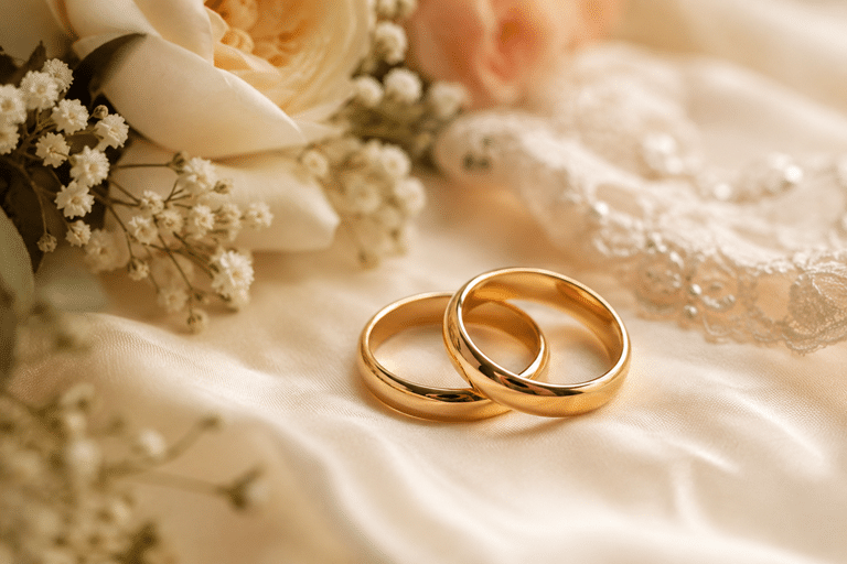 Two gold wedding bands resting on pale satin with a white lace veil and ivory roses in the background.