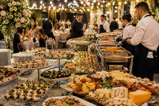 Buffet spread at a formal event with assorted cheeses, bite-sized hors d'oeuvres, and warm dishes on platters; guests and staff mingle beneath string lights in the background.