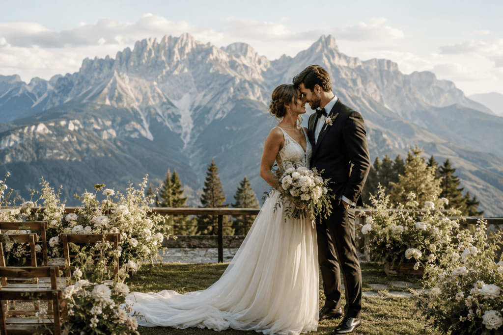 Bride and groom kiss at an outdoor mountain wedding, bouquet in hand, with white florals lining the aisle and rugged peaks in the background.