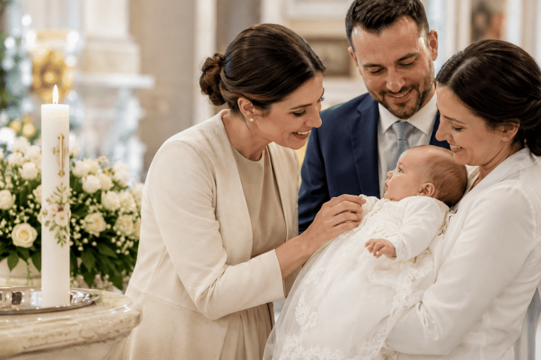 Parents and a partner cradle a baby in a white lace gown during a baptism ceremony, with a lit candle and floral arrangement nearby.