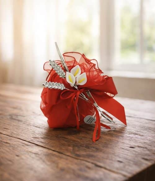 Bomboniera laurea con spighe di grano argento e calle in vetro