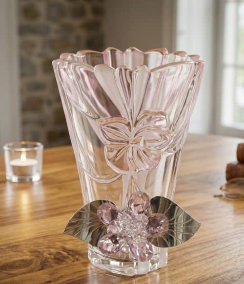 Pink glass vase with a scalloped top and floral detailing, accented by a crystal flower on the bottom, on a wooden table by a candle.