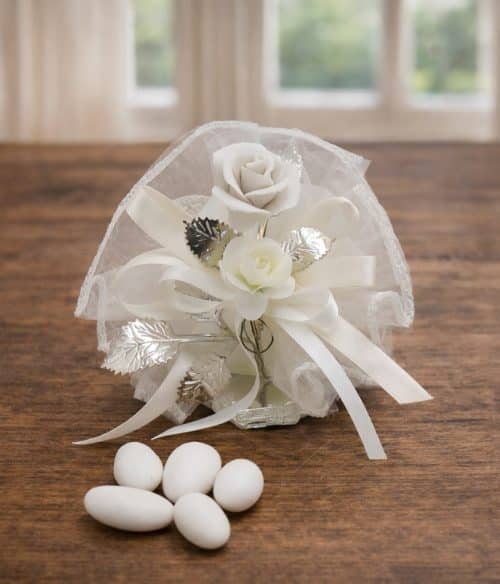 Bomboniera matrimonio con rosa bianca in porcellana e argento