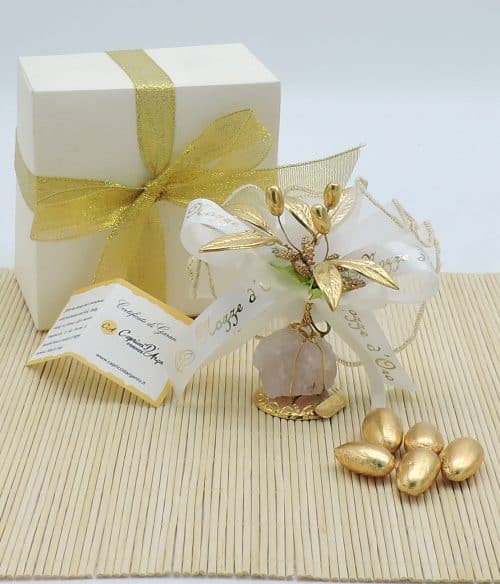 Bomboniera nozze d'oro con olivo fatto a mano su pietra minerale