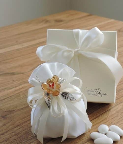 Bomboniera con orchidea in vetro e argento