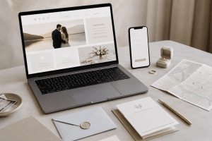 Laptop open to a wedding planning UI with a couple photo on the screen, placed beside a smartphone, ring box, map, and stationery on a light desk.