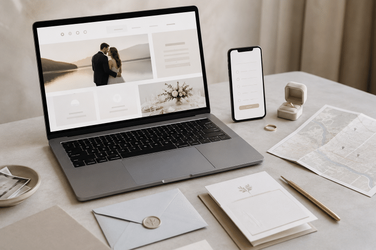 Laptop open to a wedding planning UI with a couple photo on the screen, placed beside a smartphone, ring box, map, and stationery on a light desk.